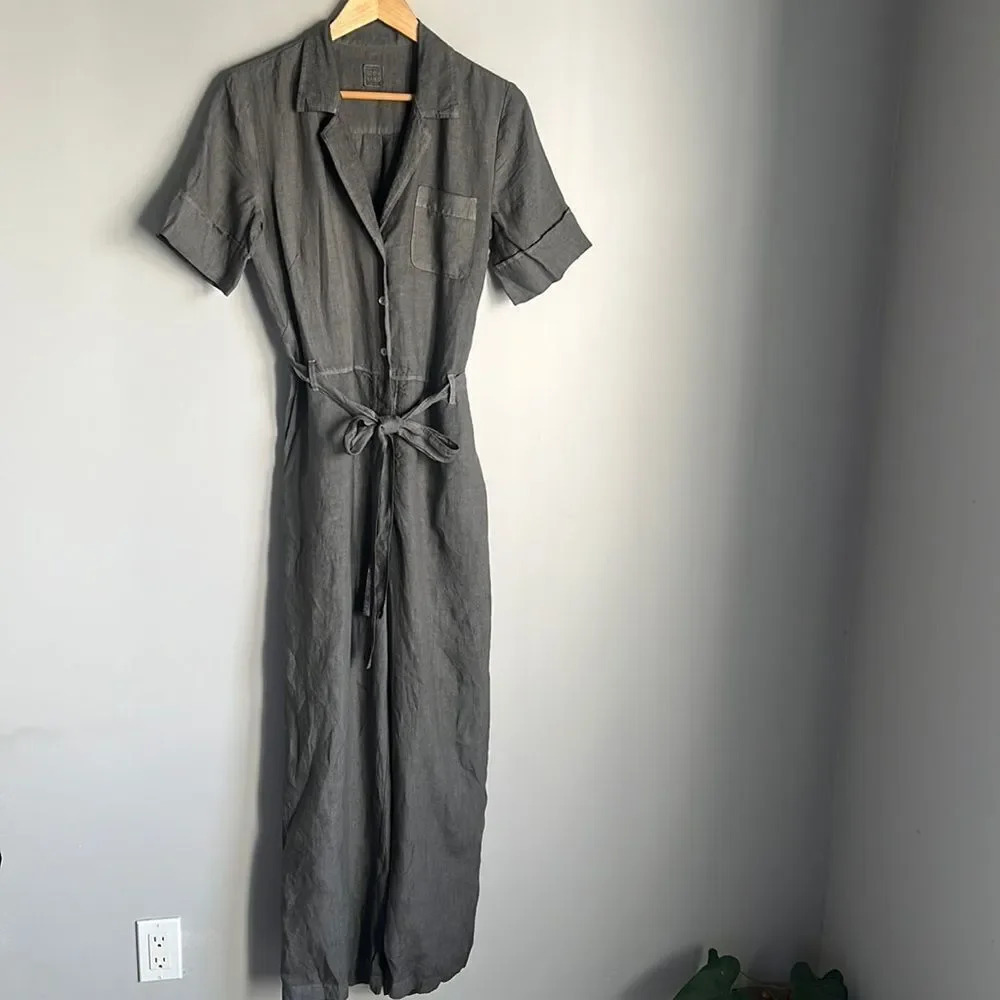 Women's Charcoal Linen-Blend Jumpsuit with Self-Tie Waist